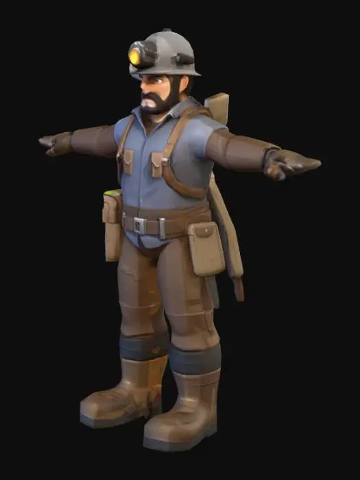 3D model for Low-poly human miner character, male, stylized, wearing helmet with headlamp, gloves, boots, and backpack. Character is in neutral T-pose, holding a separate pickaxe prop (not fused to body). Clean topology, UV mapped, game-ready, riggable. No background.