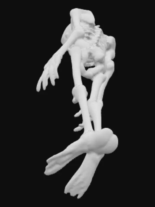 3D model for Un personnage horrifique et longiligne, doté d'une hauteur imposante et d'une silhouette d'une maigreur effroyable, où chaque os semble vouloir percer la peau. Son épiderme, d'une pâleur cadavérique, est tendu et tiré sur une structure corporelle anguleuse et décharnée. Les membres sont étirés et fins, les articulations proéminentes. La texture de la peau, fine et presque translucide, laisse deviner un réseau de veines et de muscles atrophiés, avec des teintes grisâtres et jaunâtres. Le visage, émacié, présente des joues creuses et des yeux enfoncés, accentuant son apparence spectrale et terrifiante.