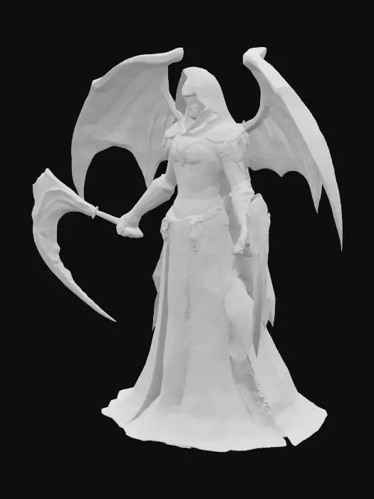 3D model for Create a low-poly 3D game character in A-pose, full body, inspired by a dark reaper-like figure. The character wears layered, gothic armor with hooded robes, sharp ornate shoulder plates, and a skeletal mask. Ethereal, ghostly wings made of blue mist extend from the back, flowing and semi-transparent. His dual weapons resemble curved soul scythes with ancient runes glowing faintly. The armor should blend dark steel with spectral elements, emphasizing elegance and menace. Designed as a boss or elite assassin in a dark-fantasy action RPG. Stylized for use in low-poly game assets — focus on silhouette, clean topology, and game-ready detail.