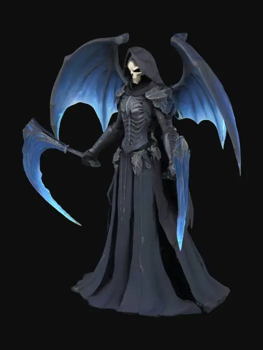 3D model for Create a low-poly 3D game character in A-pose, full body, inspired by a dark reaper-like figure. The character wears layered, gothic armor with hooded robes, sharp ornate shoulder plates, and a skeletal mask. Ethereal, ghostly wings made of blue mist extend from the back, flowing and semi-transparent. His dual weapons resemble curved soul scythes with ancient runes glowing faintly. The armor should blend dark steel with spectral elements, emphasizing elegance and menace. Designed as a boss or elite assassin in a dark-fantasy action RPG. Stylized for use in low-poly game assets — focus on silhouette, clean topology, and game-ready detail.