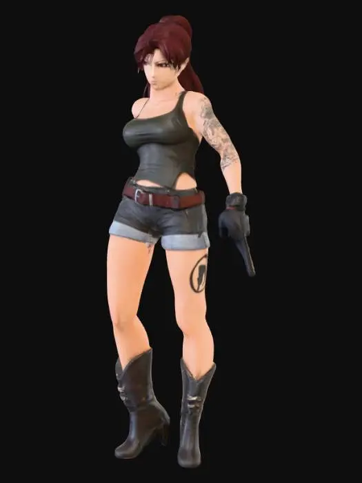 3D model for Создать 3D-модель фигурки персонажа Revy из аниме Black Lagoon.

Требования:
- Высота модели: 120 мм.
- Стиль: реалистично-аниме, с характерными чертами Реви.
- Внешний вид:
   • Длинные каштановые волосы, собранные в хвост.  
   • Майка без рукавов (тёмная), короткие шорты.  
   • На руках кожаные перчатки без пальцев.  
   • Две пистолеты в руках (двойное оружие — её фирменный стиль).  
   • Татуировка на правом плече.  
- Поза: динамичная — стоит на ногах, слегка согнув колени, руки разведены в стороны с пистолетами.  
- Основание: круглая платформа диаметром 60 мм.  
- Модель цельная, без подвижных частей.  
- Минимальная толщина элементов: 2 мм (для печати).  
- Формат файла: STL.