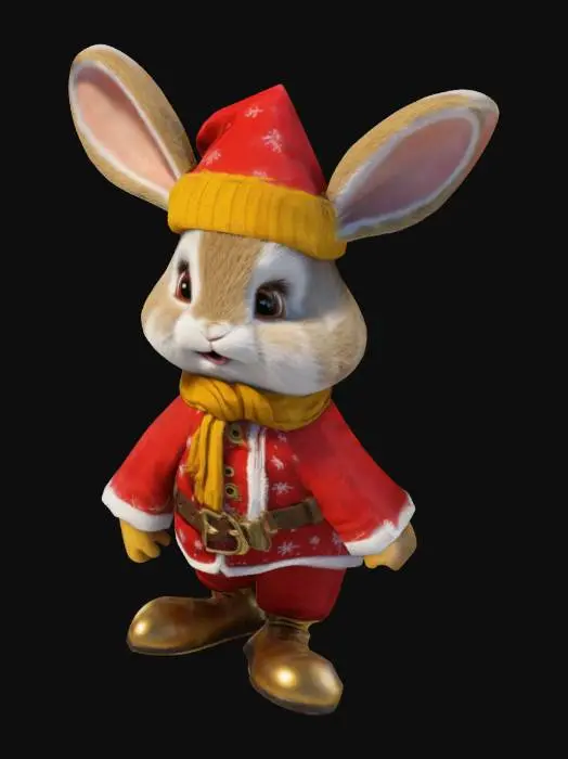 3D model for #ChristmasAdventure#, Cute rabbit dressed in Christmas clothing, wearing a red Santa hat and boots, red pants, red jacket, yellow scarf, belt with golden buckle, anthropomorphic, ultra detailed, funny, cute, game ready, A-pose.