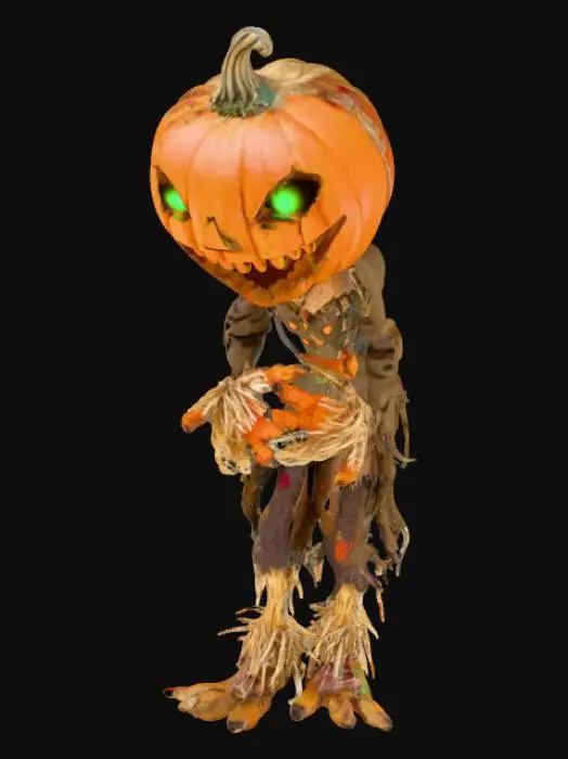 3D model for A creepy scarecrow, pumpkin head, glowing eyes, tattered clothes, a quirky patchwork coat, and straw hair