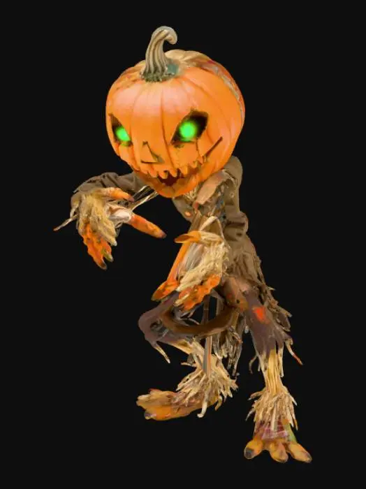 3D model for A creepy scarecrow, pumpkin head, glowing eyes, tattered clothes, a quirky patchwork coat, and straw hair