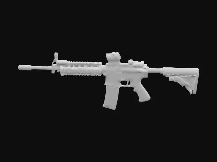 3D model for Низкополигональная модель карабина M4 с четким тактическим дизайном. Она имеет угловатые, чистые грани и гладкие, нетекстурированные поверхности, придающие ей стилизованный вид. Основные элементы, такие как выдвижной приклад, цевье и система направляющих, выполнены в матовых черных и серых тонах, подчеркивающих ее функциональную структуру. Присутствует базовая оптика с простыми геометрическими формами. Общий профиль сбалансирован и компактен.