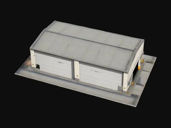 3D model for Низкополигональное здание склада в индустриальном стиле, выполненное с чистой геометрией. Оно имеет гладкие, нетекстурированные поверхности, окрашенные в оттенки бетонного серого и металлического цветов, что придает ему упрощенную, но функциональную эстетику. Модель включает в себя несколько гаражных ворот, прямоугольные окна, погрузочную платформу, простую крышу и имитацию водосточных труб. Его структура блочная и угловатая, без излишних деталей, характерная для лоу-поли графики.