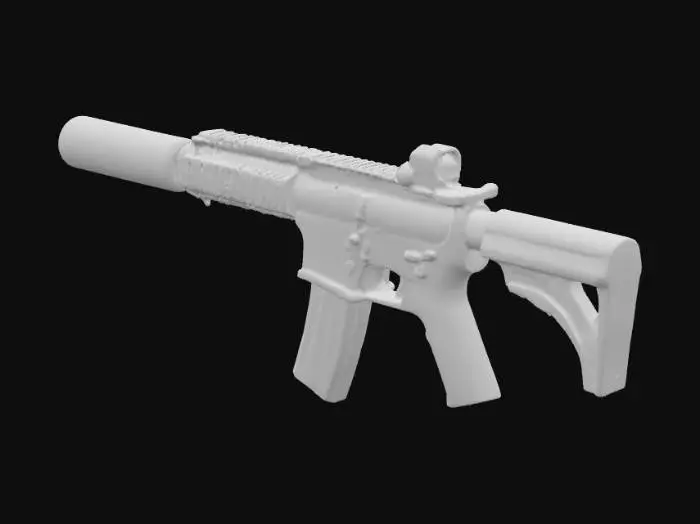 3D model for Детализированный автоматический карабин с гладким матовым черным корпусом, выполненным из высокопрочного полимера и металла. Удлиненный ствол оснащен цилиндрическим глушителем с легкой рифленой поверхностью. Приклад имеет текстурированную резиновую накладку для надежного хвата, а пистолетная рукоятка эргономичной формы также покрыта противоскользящей текстурой. Металлические элементы, такие как спусковой крючок и селектор огня, имеют тонкую шлифовку, придающую им сдержанный блеск.