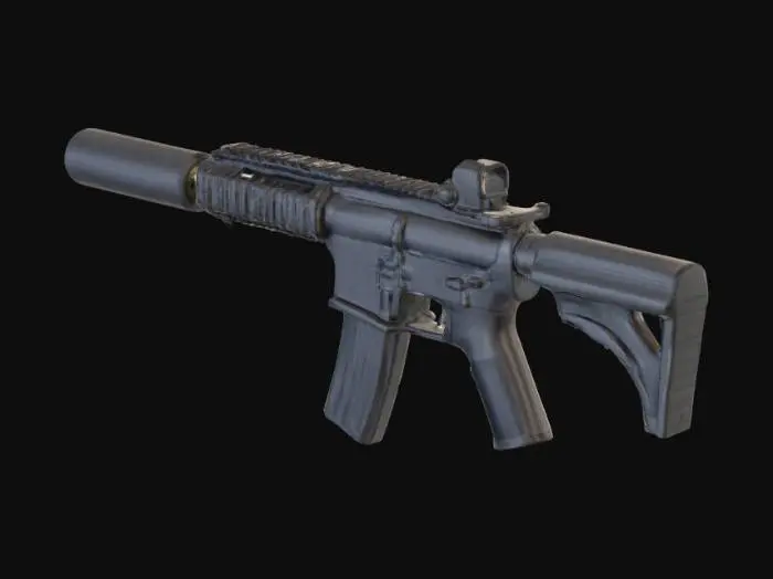 3D model for Детализированный автоматический карабин с гладким матовым черным корпусом, выполненным из высокопрочного полимера и металла. Удлиненный ствол оснащен цилиндрическим глушителем с легкой рифленой поверхностью. Приклад имеет текстурированную резиновую накладку для надежного хвата, а пистолетная рукоятка эргономичной формы также покрыта противоскользящей текстурой. Металлические элементы, такие как спусковой крючок и селектор огня, имеют тонкую шлифовку, придающую им сдержанный блеск.