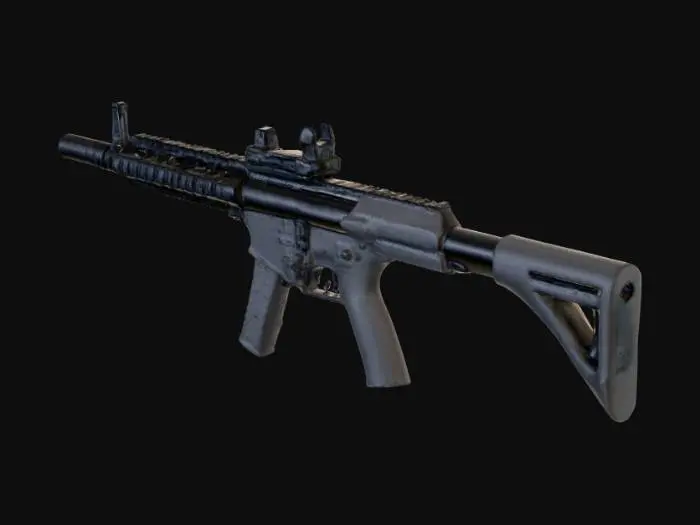 3D model for Детализированный автоматический карабин с гладким матовым черным корпусом, выполненным из высокопрочного полимера и металла. Удлиненный ствол оснащен цилиндрическим глушителем с легкой рифленой поверхностью. Приклад имеет текстурированную резиновую накладку для надежного хвата, а пистолетная рукоятка эргономичной формы также покрыта противоскользящей текстурой. Металлические элементы, такие как спусковой крючок и селектор огня, имеют тонкую шлифовку, придающую им сдержанный блеск.