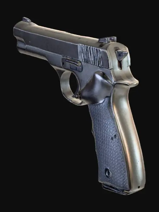 3D model for Классический полуавтоматический пистолет имеет прочный металлический корпус, преимущественно темно-матово-серый, с отчетливой, слегка текстурированной черной полимерной рукоятью для надежного хвата. Его гладкий, холодный стальной затвор расположен поверх прочной рамки, ведущей к четко очерченному стволу. Спусковой крючок и курок изготовлены из полированного, более темного металла, создавая тактильный контраст. Острые края слегка смягчены, придавая эргономичный, но грозный вид. Общая конструкция компактна и сбалансирована, отражая точное машиностроение.