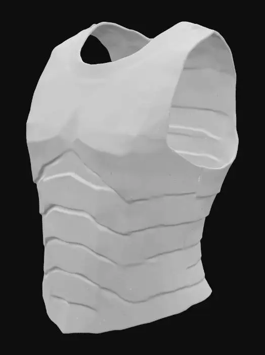 3D model for "Roman legionary chest armor, lorica segmentata style, low-poly, steel gray (#808080), red fabric trim on edges (#FF0000), no textures, clean mesh, under 1.2k polygons, game-ready, symmetrical, T-pose compatible." 