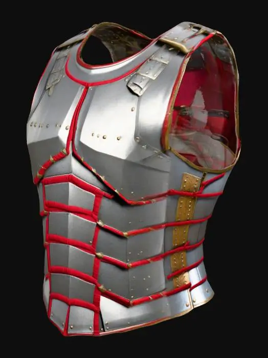 3D model for "Roman legionary chest armor, lorica segmentata style, low-poly, steel gray (#808080), red fabric trim on edges (#FF0000), no textures, clean mesh, under 1.2k polygons, game-ready, symmetrical, T-pose compatible." 