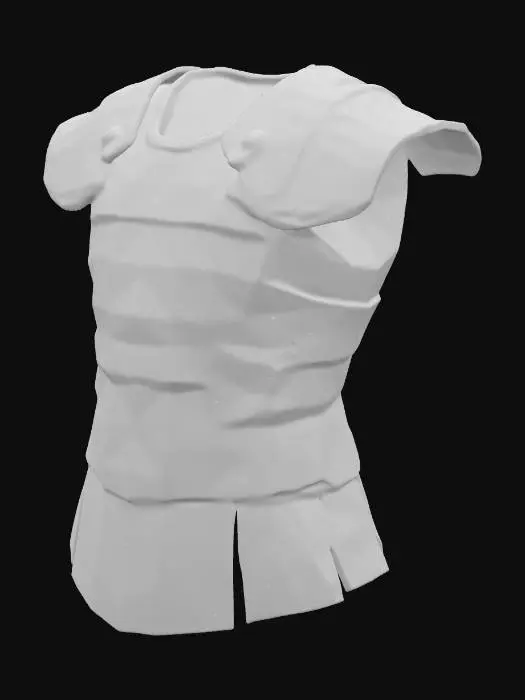 3D model for  low-poly Roman lorica segmentata chest armor, blocky simplified design, with horizontal metal bands (5–7 segments), vertical straps connecting the bands, central ridge line, symmetrical structure, no textures, steel gray color (#808080) with dark gray edges (#4B4B4B), clean geometry, no overlapping parts, optimized for 3D animation, under 1.2k polygons, game-ready model, rectangular torso shape with slight curve, suitable for humanoid character torso, T-pose compatible, minimal historical details, matte finish."