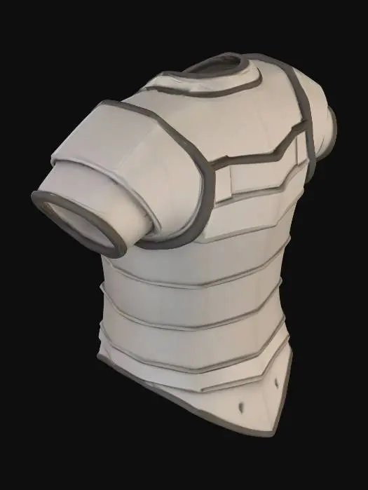 3D model for  low-poly Roman lorica segmentata chest armor, blocky simplified design, with horizontal metal bands (5–7 segments), vertical straps connecting the bands, central ridge line, symmetrical structure, no textures, steel gray color (#808080) with dark gray edges (#4B4B4B), clean geometry, no overlapping parts, optimized for 3D animation, under 1.2k polygons, game-ready model, rectangular torso shape with slight curve, suitable for humanoid character torso, T-pose compatible, minimal historical details, matte finish."