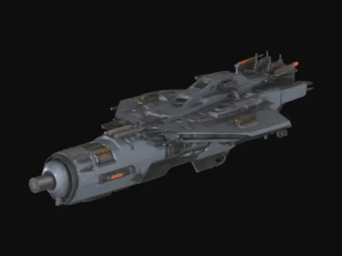 3D model for a space battleship with long, cylindrical hull and prominent rotating midsection, utilitarian, industrial design — dark gray plating, exposed framework, and angular components. armed with Heavy pulse cannons Particle beam weapons Missile launchers and Defensive point-defense systems