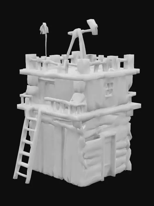 3D model for A small square tower, roughly nailed together from loose boards and panels of different sizes. A poorly constructed catapult stands on the upper platform. The tower and the catapult look pretty shaky. The upper platform has no railing, the tower has some large gaps between the individual boards. The platform can be reached via a wobbly ladder.Studio shot, hyperealistic