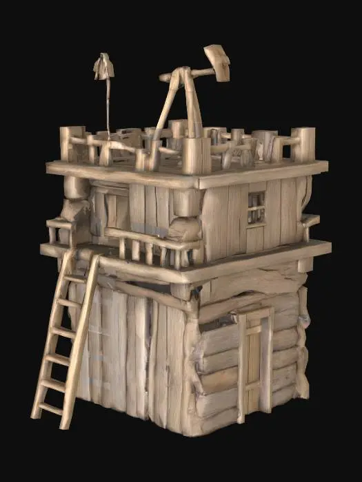 3D model for A small square tower, roughly nailed together from loose boards and panels of different sizes. A poorly constructed catapult stands on the upper platform. The tower and the catapult look pretty shaky. The upper platform has no railing, the tower has some large gaps between the individual boards. The platform can be reached via a wobbly ladder.Studio shot, hyperealistic