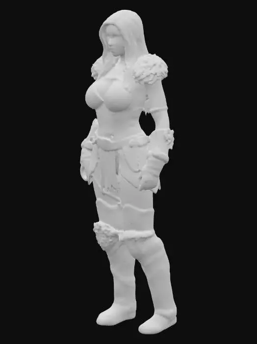 3D model for A full-body studio render of a barbarian woman in leather and fur bikini armor with big breasts, standing in a neutral rigging pose (X-pose). Her arms are stretched out diagonally at about 45 degrees from the body, legs slightly apart, body upright and symmetrical. The pose is neutral and expressionless, designed for character rigging in 3D software such as Blender. Clean, simple background, evenly lit, no dramatic effects. Highly detailed character design, leather straps and fur textures clearly visible.Face and Body are very detailed in the Mesh.