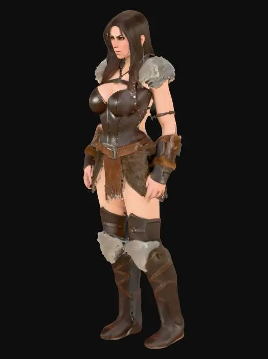 3D model for A full-body studio render of a barbarian woman in leather and fur bikini armor with big breasts, standing in a neutral rigging pose (X-pose). Her arms are stretched out diagonally at about 45 degrees from the body, legs slightly apart, body upright and symmetrical. The pose is neutral and expressionless, designed for character rigging in 3D software such as Blender. Clean, simple background, evenly lit, no dramatic effects. Highly detailed character design, leather straps and fur textures clearly visible.Face and Body are very detailed in the Mesh.