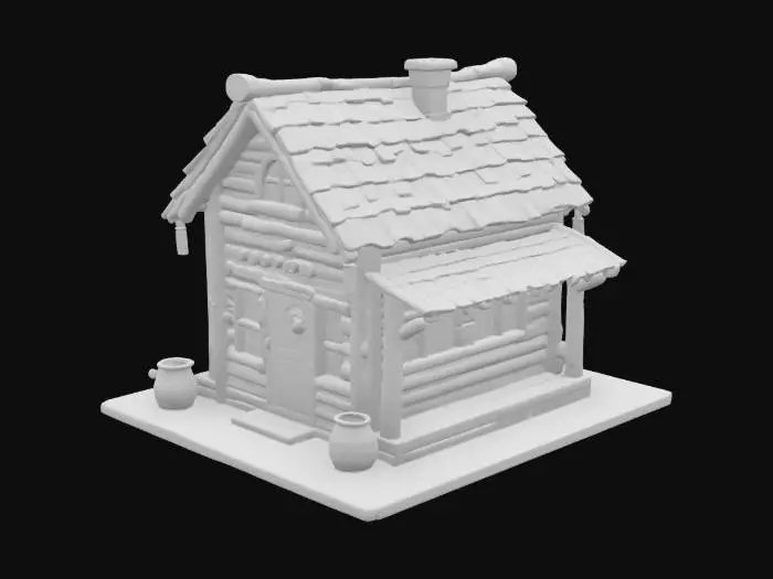 3D model for A small, slightly asymmetrical wooden house (6m wide, 8m deep, 5m tall) with vertical weathered planks as walls, a red tiled roof (some tiles cracked or missing), and a simple wooden door at the front with an old iron handle and a small sign nailed on it (spiral or anchor symbol). The house has three windows with open shutters and dusty blue-tinted glass. A porch runs along the front (2m deep), with round wooden support beams, a frayed rope hanging between them, a tipped-over stool, and a clay pot or empty basket. The roof features a thin wood pole with a torn white cloth fluttering at the top.On the left side, there’s a small barrel with rope and a shovel in the ground. The back has a ladder and a repaired plank panel.Style is rural-fantasy, inspired by seaside villages like in One Piece.