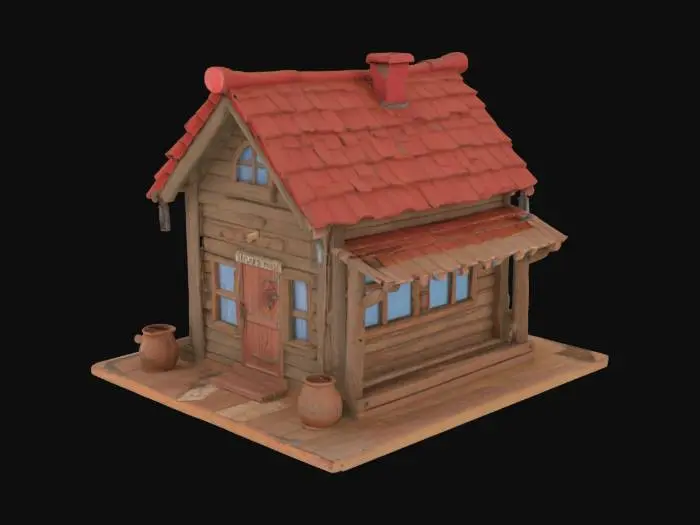 3D model for A small, slightly asymmetrical wooden house (6m wide, 8m deep, 5m tall) with vertical weathered planks as walls, a red tiled roof (some tiles cracked or missing), and a simple wooden door at the front with an old iron handle and a small sign nailed on it (spiral or anchor symbol). The house has three windows with open shutters and dusty blue-tinted glass. A porch runs along the front (2m deep), with round wooden support beams, a frayed rope hanging between them, a tipped-over stool, and a clay pot or empty basket. The roof features a thin wood pole with a torn white cloth fluttering at the top.On the left side, there’s a small barrel with rope and a shovel in the ground. The back has a ladder and a repaired plank panel.Style is rural-fantasy, inspired by seaside villages like in One Piece.
