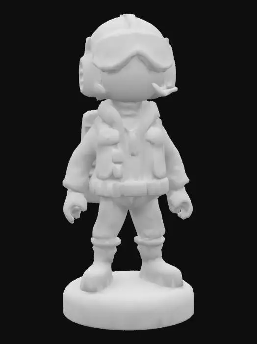 3D model for A stylized 3D game pawn for tabletop board games, designed for 3D printing, approximately 5 cm tall, with a consistent rounded base for stability. The character stands upright in a neutral pose, low-poly style with a clean and readable silhouette. This pawn represents a Pilot from a cooperative adventure board game. The figure wears a pilot helmet with goggles and a zipped flight jacket. Clean and minimal details. No base text, no moving parts. Designed as a single solid piece, printable without supports. Matches the visual style of other pawns in the same set.