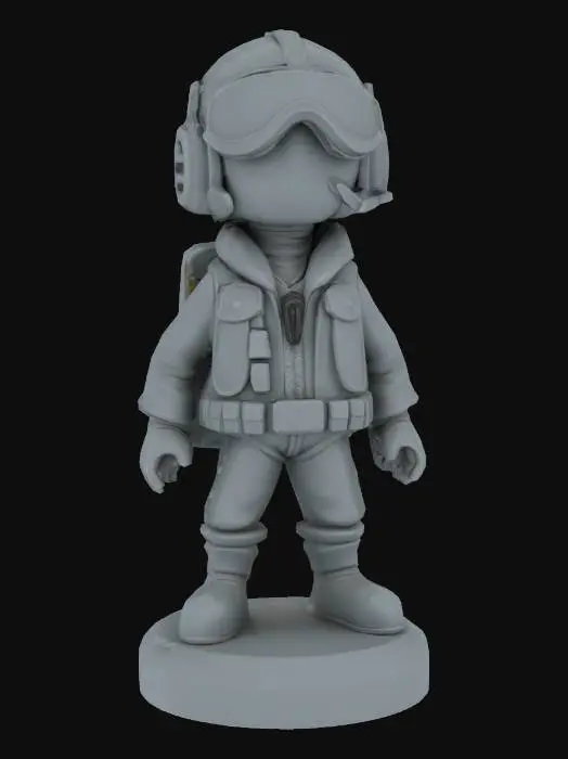 3D model for A stylized 3D game pawn for tabletop board games, designed for 3D printing, approximately 5 cm tall, with a consistent rounded base for stability. The character stands upright in a neutral pose, low-poly style with a clean and readable silhouette. This pawn represents a Pilot from a cooperative adventure board game. The figure wears a pilot helmet with goggles and a zipped flight jacket. Clean and minimal details. No base text, no moving parts. Designed as a single solid piece, printable without supports. Matches the visual style of other pawns in the same set.