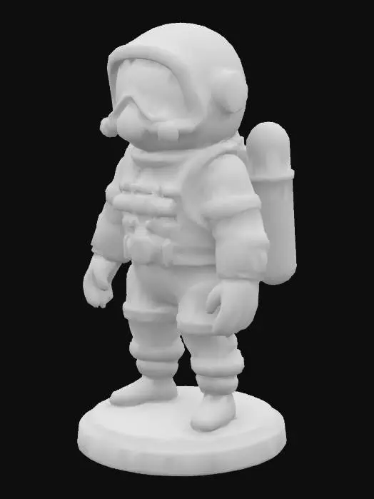 3D model for A stylized 3D game pawn for tabletop board games, designed for 3D printing, approximately 5 cm tall, with a consistent rounded base for stability. The character stands upright in a neutral pose, low-poly style with a clean and readable silhouette. This pawn represents a Diver from a cooperative adventure board game. The figure wears a streamlined diving suit with a stylized breathing tank or mask, designed to suggest underwater exploration. Simplified for 3D printing. No base text, no moving parts. Single solid piece, printable without supports. Matches the visual style of the other pawns in the set.