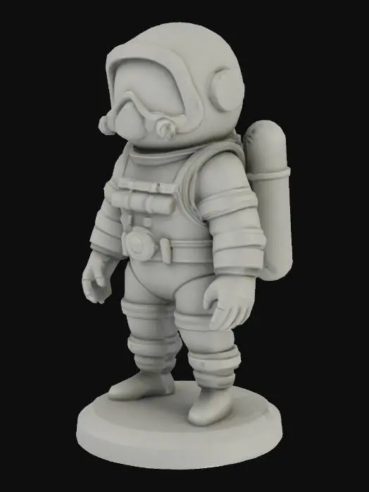 3D model for A stylized 3D game pawn for tabletop board games, designed for 3D printing, approximately 5 cm tall, with a consistent rounded base for stability. The character stands upright in a neutral pose, low-poly style with a clean and readable silhouette. This pawn represents a Diver from a cooperative adventure board game. The figure wears a streamlined diving suit with a stylized breathing tank or mask, designed to suggest underwater exploration. Simplified for 3D printing. No base text, no moving parts. Single solid piece, printable without supports. Matches the visual style of the other pawns in the set.