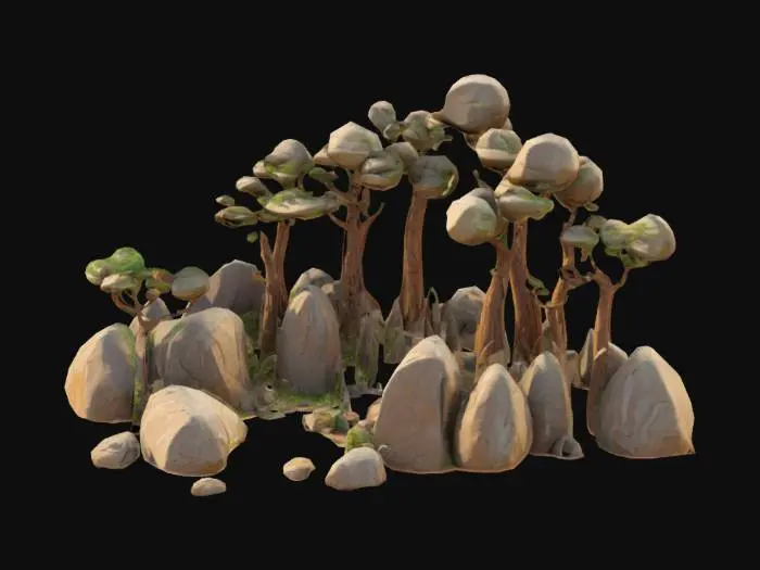 3D model for Cartoon style several different rocks, nomadic habitat trees cartoon style