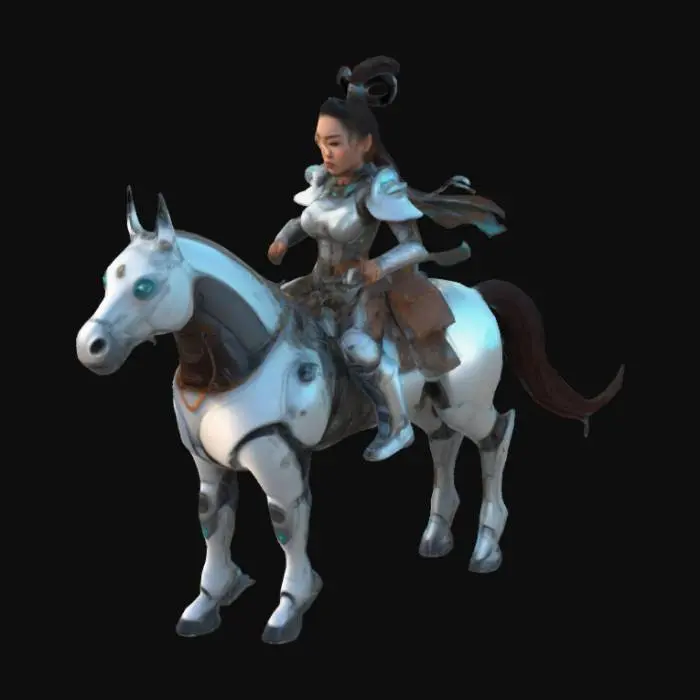 3D model for Cartoon style female warrior, futuristic costume, asian nomadic references, feminine futuristic female character with turkic nomadic references in cartoon style, saviour turkic nomadic warrior in futuristic style nomadic references in cartoon style, riding a robotic horse, mechanic horse, high technology, futuristic style