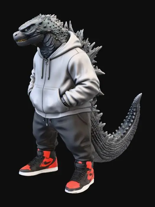 3D model for Create an Urban Godzilla in a hoodie and sweat pants with its hands in the hoodie pockets and Jordan’s on his feet modeled like this