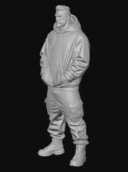 3D model for Create an urban style bodybuilder with his hands in his hoodie pockets. He should have Nike air jordans on his feet