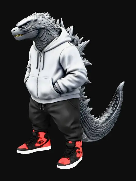 3D model for Create an Urban Godzilla in a hoodie and sweat pants with its hands in the hoodie pockets and Jordan’s on his feet modeled like this