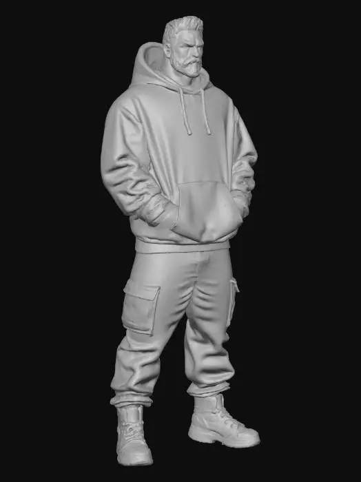 3D model for Create an urban style bodybuilder with his hands in his hoodie pockets. He should have Nike air jordans on his feet