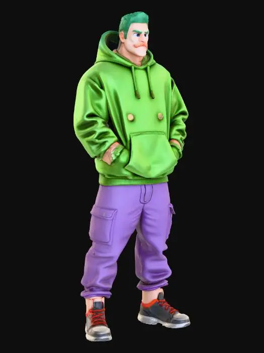 3D model for Create an urban style bodybuilder with his hands in his hoodie pockets. He should have Nike air jordans on his feet