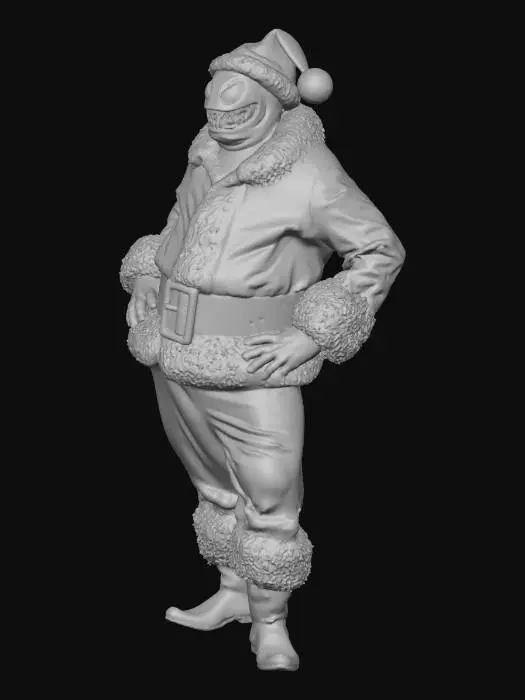 3D model for Create a Venom character that has the traditional santa outfit including the hat. He is leaning up against santas sleigh. The coloring should all be the traditional colors for each character