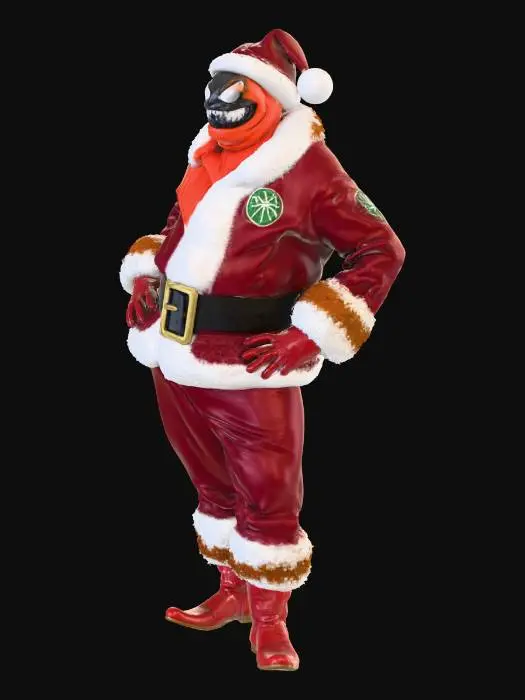 3D model for Create a Venom character that has the traditional santa outfit including the hat. He is leaning up against santas sleigh. The coloring should all be the traditional colors for each character