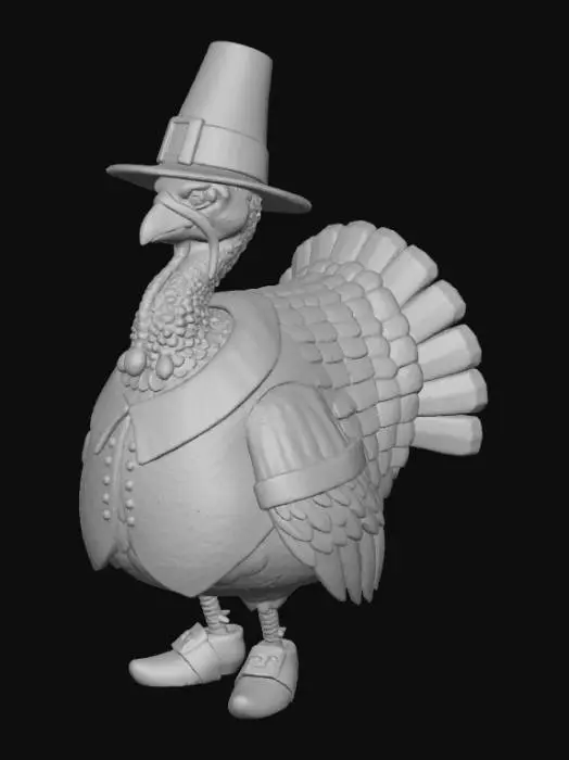 3D model for A plump, proud turkey standing upright, adorned in a classic pilgrim's outfit. It wears a tall, black buckled hat, a simple white ruff collar, buckled shoes, and a dark brown tunic with white cuffs. Its rich, iridescent brown feathers have a soft, textured appearance. The turkey's wattle and comb are bright red, contrasting with its earnest expression. The fabric appears slightly coarse, the buckles smooth metal.