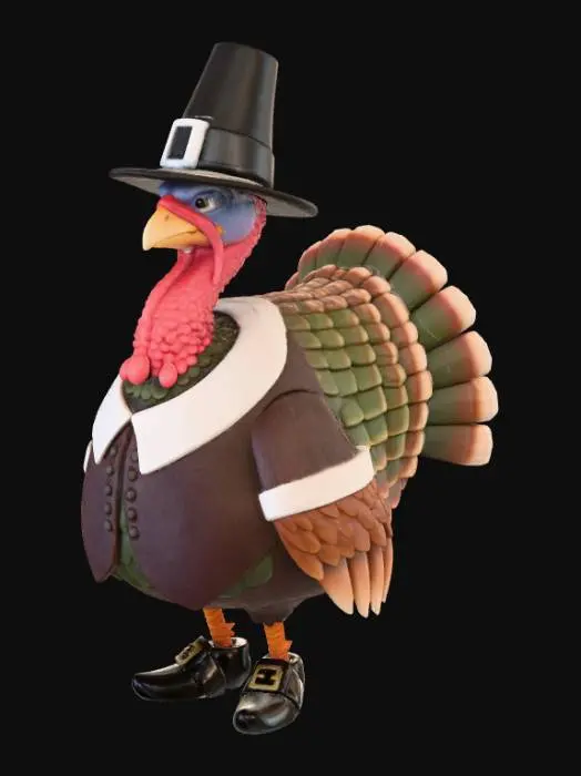 3D model for A plump, proud turkey standing upright, adorned in a classic pilgrim's outfit. It wears a tall, black buckled hat, a simple white ruff collar, buckled shoes, and a dark brown tunic with white cuffs. Its rich, iridescent brown feathers have a soft, textured appearance. The turkey's wattle and comb are bright red, contrasting with its earnest expression. The fabric appears slightly coarse, the buckles smooth metal.