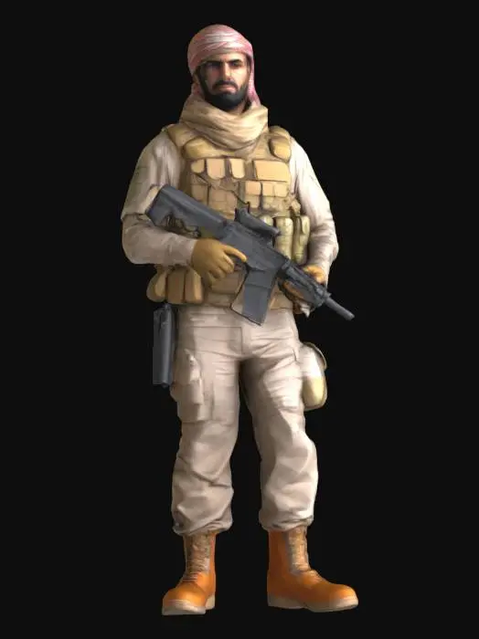 3D model for Middle Eastern military soldier, desert camouflage, tactical vest, realistic, game ready