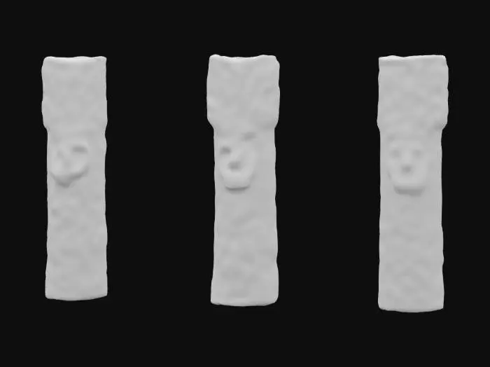 3D model for Low Poly, Humanoid totem poles, made of wood, gold and silver cracks, obsidian glow of orange. 