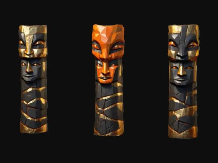 3D model for Low Poly, Humanoid totem poles, made of wood, gold and silver cracks, obsidian glow of orange. 