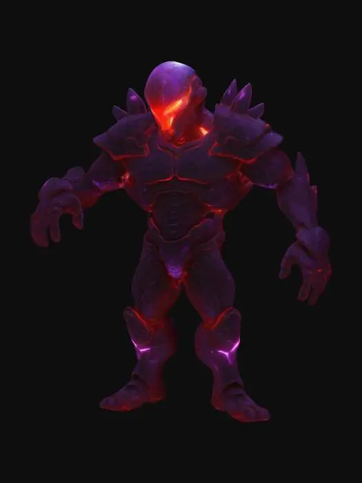 3D model for Red Highlights, [Vector art], [silhouette Art], [Neon Red Glowing Outline for Definition Edging] fantasy golem of obsidian and glowing red and shoulder is made of purple crystals. Xeno BioArmor with lightning style cracks radiant light from inside.  Humanoid. Has one eye in center of front face. Also hands only have a thumb and two fingers. 