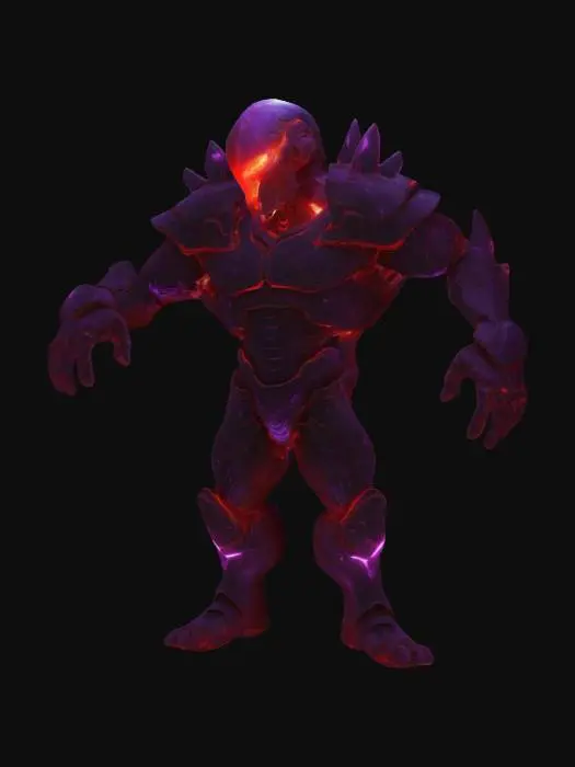 3D model for Red Highlights, [Vector art], [silhouette Art], [Neon Red Glowing Outline for Definition Edging] fantasy golem of obsidian and glowing red and shoulder is made of purple crystals. Xeno BioArmor with lightning style cracks radiant light from inside.  Humanoid. Has one eye in center of front face. Also hands only have a thumb and two fingers. 