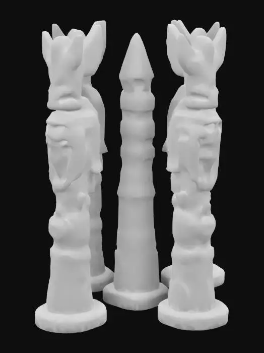 3D model for Low Poly, Humanoid totem poles, made of wood, gold and silver cracks, obsidian glow of orange. 