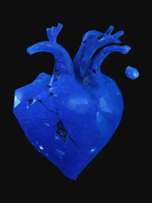 3D model for Low Poly, A humanoid shattered, crystalline heart with shards floating in the air, glow obsidian blue