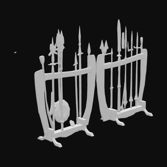 3D model for Two sets of weapons racks separate the racks, have medical weapons on the wooden racks, spears, swords, shields, so there are two asset weapons racks. Weapons will be bronze, with asian style medical designs