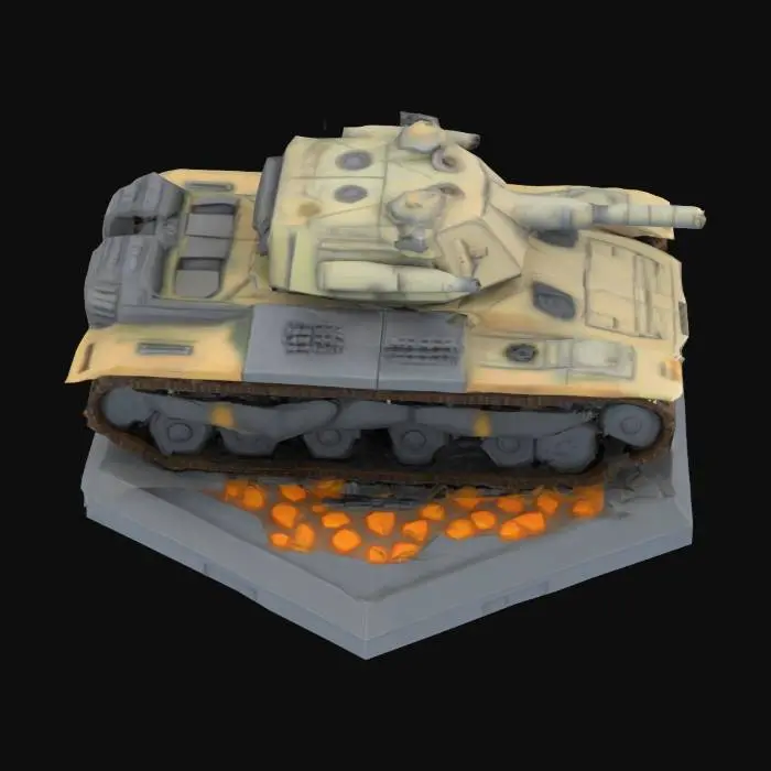 3D model for Table Top Model Game Asset, 1.25 inch across hex as a base, on top is a tank with two turrents and tracked.