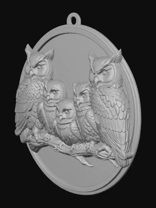 3D model for *«Design a flat, circular Christmas ornament (120 mm diameter, 5 mm thickness) for single-nozzle dual-color FDM printing (Bambu Lab A1, no AMS). The front face features a highly detailed, photorealistic composition of five owls: two adult owls (symmetrically placed near the edges), two adolescent owlets (slightly inward), and one small, fluffy chick centered—facing forward. All owls are perched calmly on an implied branch, rendered in a unified plane with anatomically accurate plumage: individual feather barbs, layered wing contours, expressive eyes with specular highlights.
Color & printing constraint: Only two filaments allowed—matte black PLA (bottom layer) and matte white PLA (top layer)—with exactly one filament change during print. Achieve the two-tone effect via height-based dual e